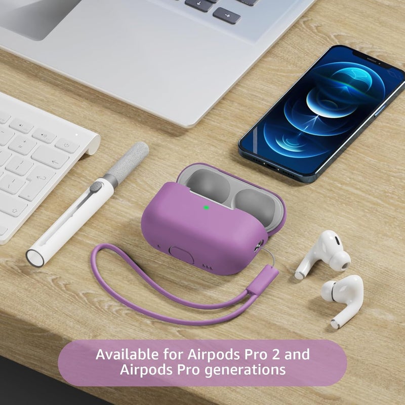 Tandoler حافظة متوافقة مع Airpods Pro 2، غلاف سيليكون ناعم واقي مع مجموعة تنظيف وحبل حمل متوافق مع AirPod Pro الجيل الثاني، لون بنفسجي غامق مرئي من الأمام - Image 2